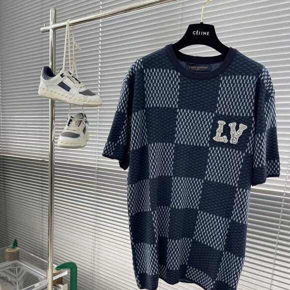 ‌LV Checkered Beaded Cotton Knit T-shirt - Picture 1 of 6